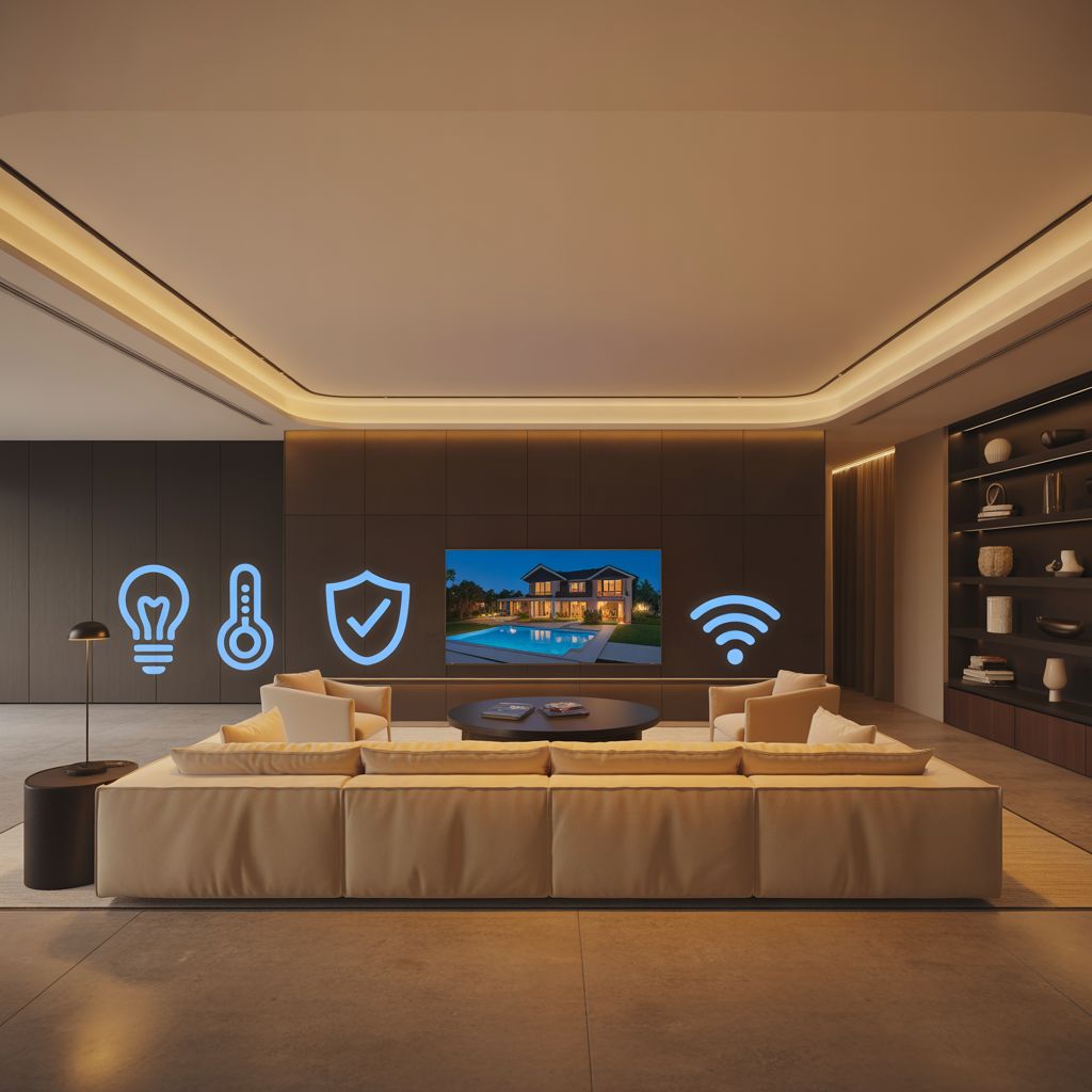 Modern smart home interface showing intuitive control of lighting, climate, and security systems on a sleek touchscreen device.